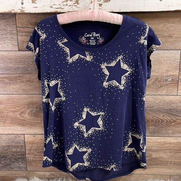 Coral Bay Tops - Coral Bay Ladies Top, Navy Blue with Gold and Silver Stars, Size Petite Medium